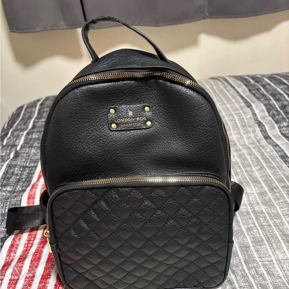London Fog Black Quilted Backpack with Gold Accents